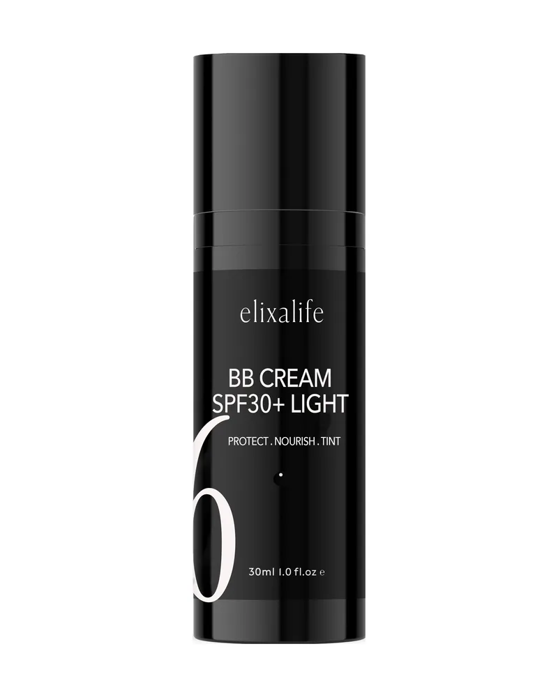 BB Cream SPF30+ light, 30ml airless pump, shown in our founder's Elixalife packaging