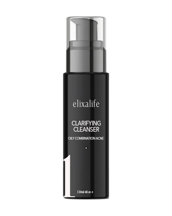 Clarifying Cleanser, 120ml pump bottle, shown in our founder's Elixalife packaging