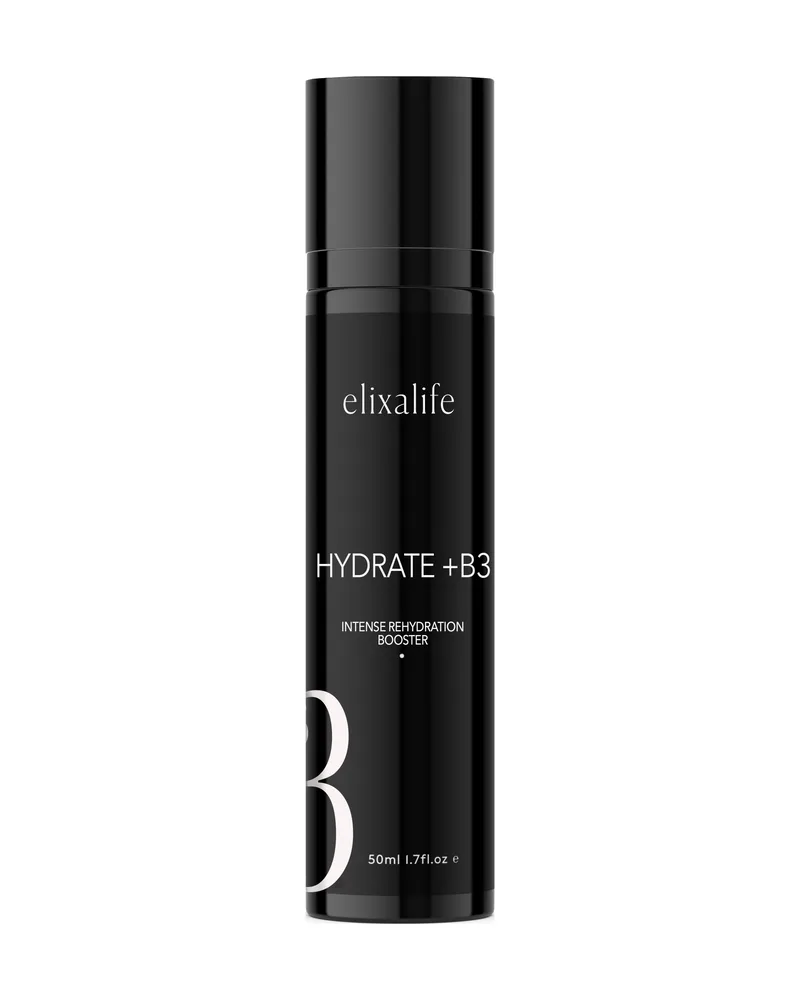 Hydrate+B3, 50ml airless pump, shown in our founder's Elixalife packaging