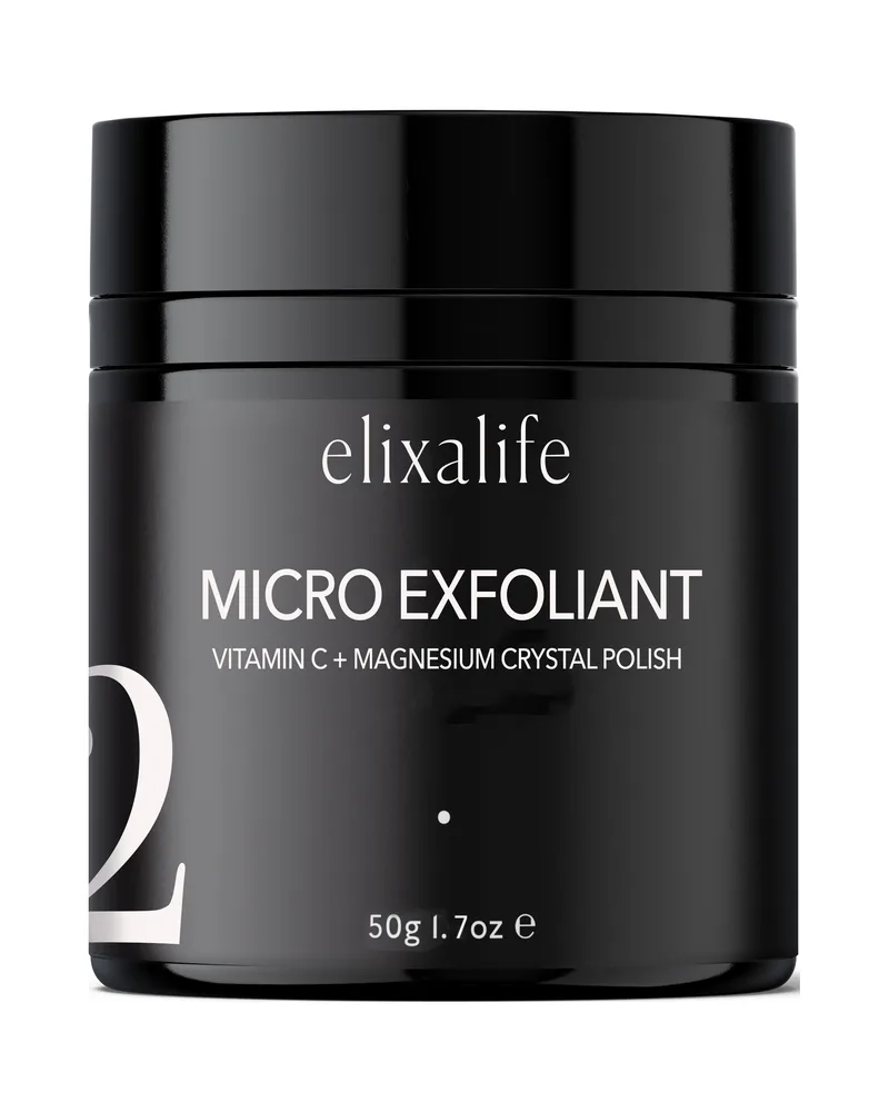 Micro Exfoliant, 50g jar, shown in our founder's Elixalife packaging