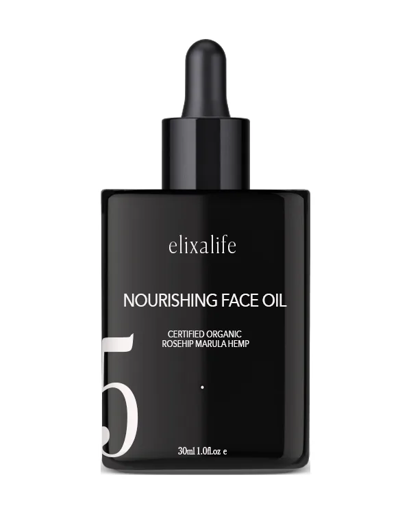 Nourishing Face Oil, 30ml dropper bottle, shown in our founder's Elixalife packaging