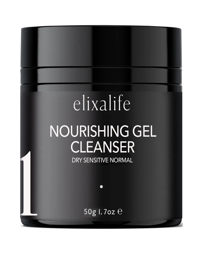 Nourishing Gel Cleanser, 50g jar, shown in our founder's Elixalife packaging