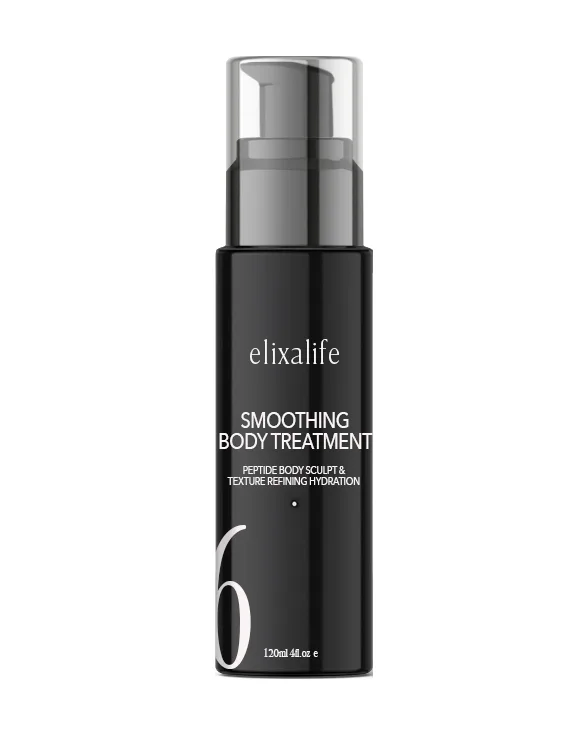 Smoothing Body Treatment, 120ml pump bottle, shown in our founder's Elixalife packaging